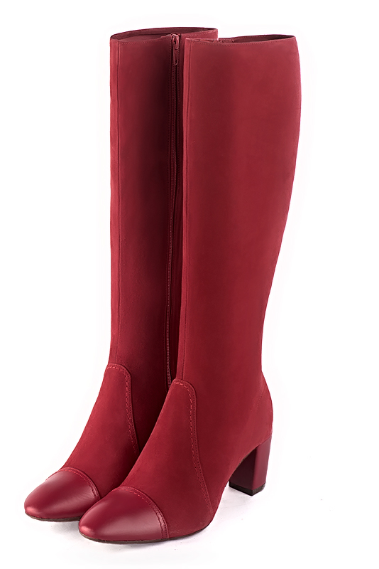 Custom-made women's cardinal red and burgundy red elegant classic knee-high boots. Round toe. Medium block heels - Front view